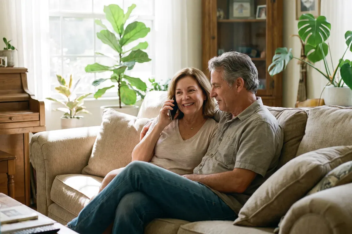 A couple talking their options through with an agent by phone